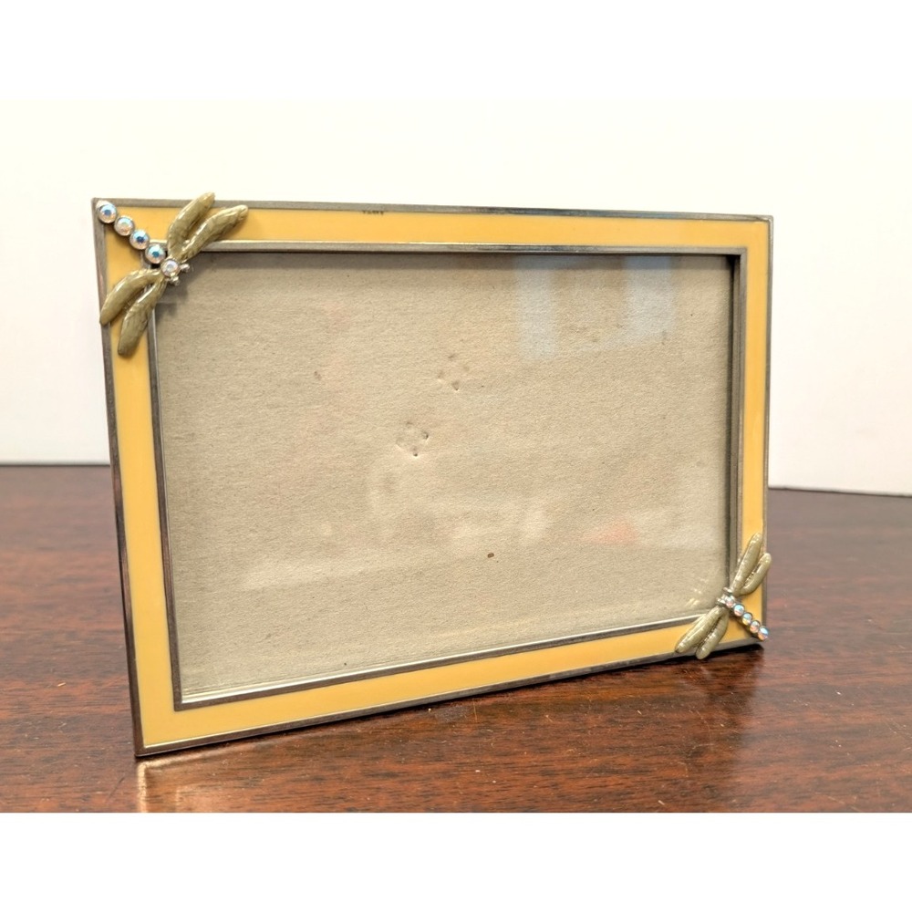 Elsa L 1999 Dragonfly Jeweled Enamel Picture Frame Yellow Silver Tone 4x6